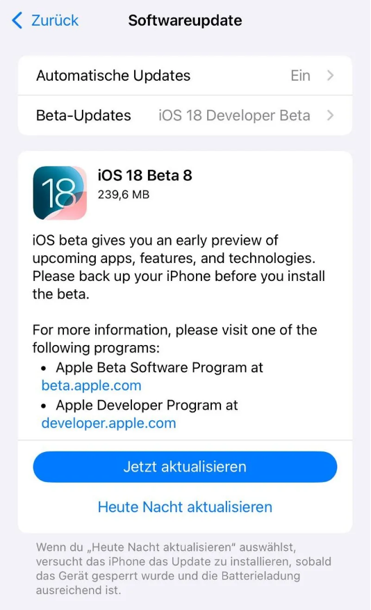 旅顺口苹果手机维修分享苹果 iOS / iPadOS 18 开发者预览版 Beta 8 发布 